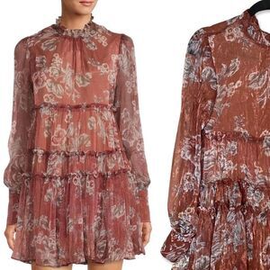 En Saison Nella Chiffon Tiered Floral Mini Dress Size S Babydoll Mauve NWT